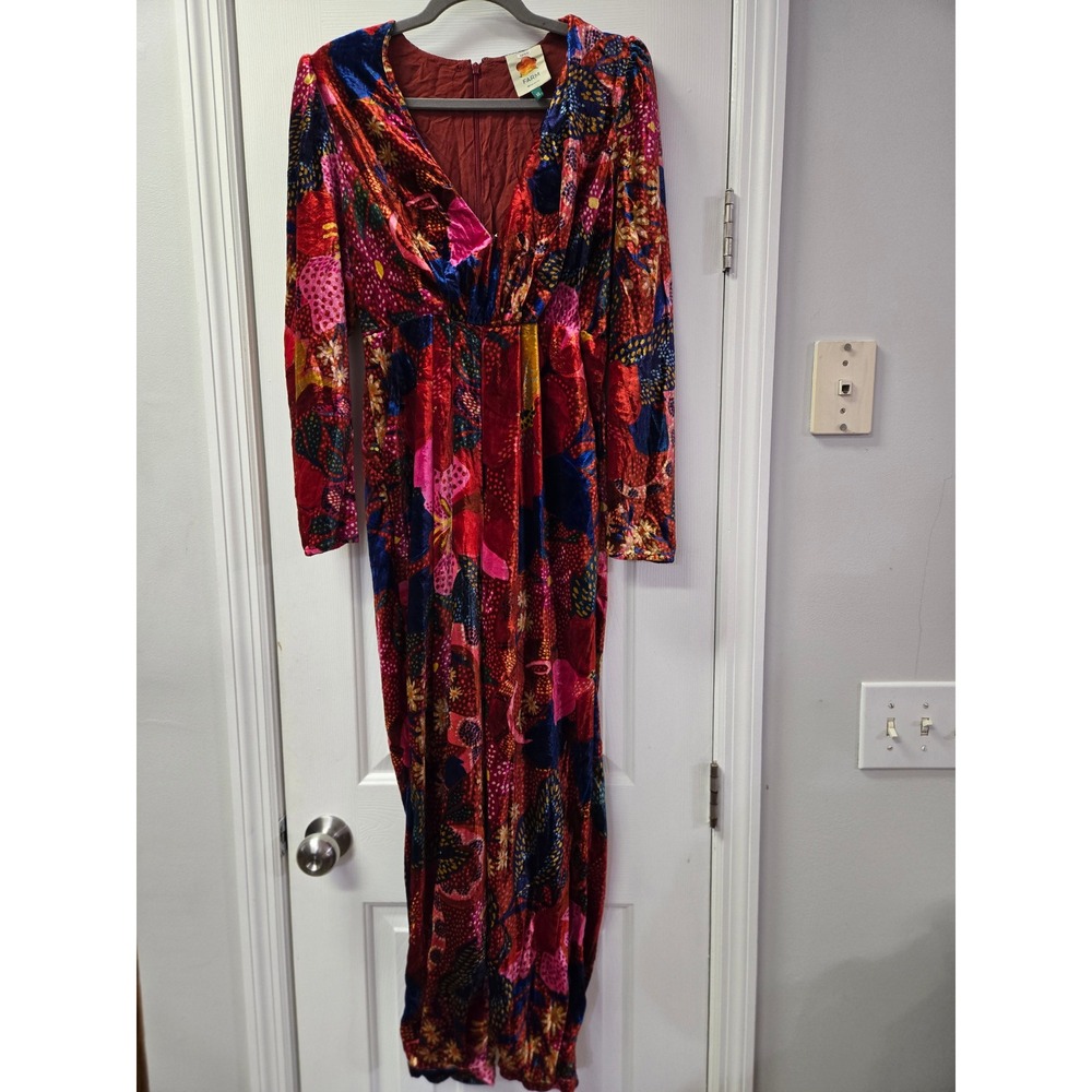 Farm Rio Velvet Floral Fruit Print Jumpsuit Red Blue XS V-Neck Long Sleeve